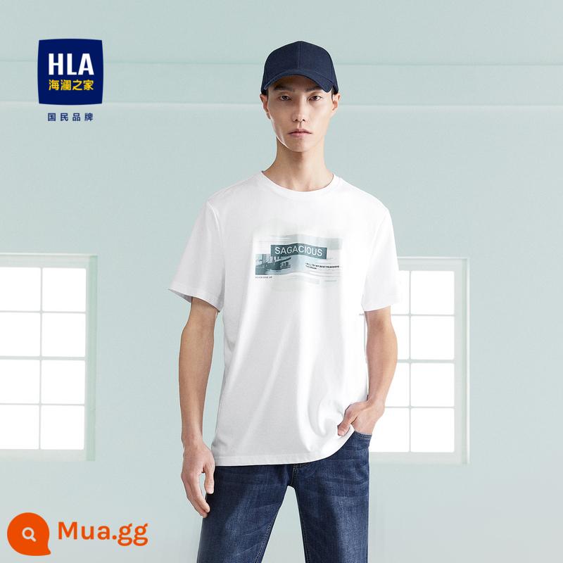 HLA/Hailan Nhà Băng Giá Cotton Thoáng Mát Ngắn T23 Mùa Xuân/Hè Cổ Tròn Thấm Hút Mồ Hôi Thêu Tay Ngắn Nam - Hoa văn trắng nhạt T5