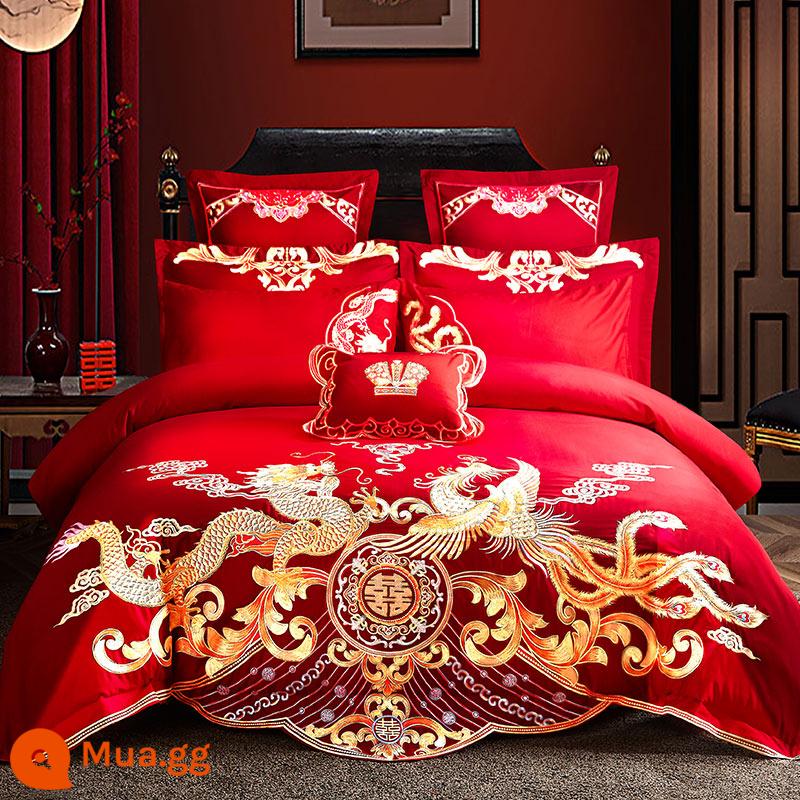 Nanjiren Cotton Wedding Four-piece Group Mới Kết Hôn Cotton Nguyên Chất 100 Ga Trải Giường Vỏ Chăn Lớn Màu Đỏ Phòng Cưới Chăn Ga Gối 4 - Chơi cùng rồng và phượng