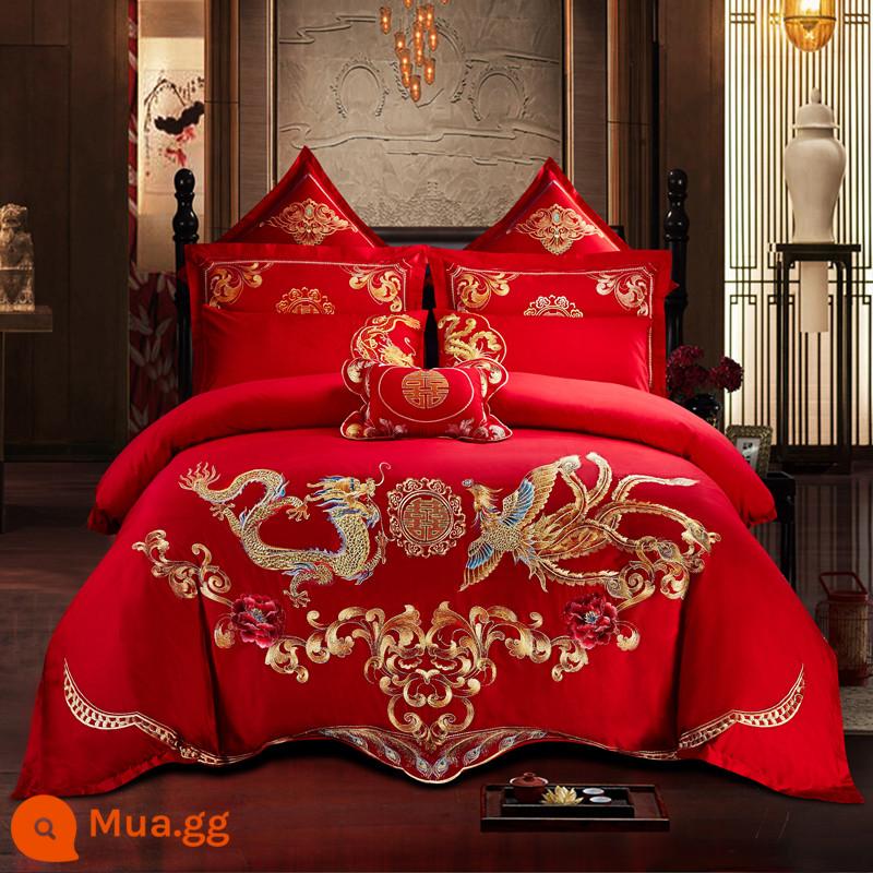 Nanjiren Cotton Wedding Four-piece Group Mới Kết Hôn Cotton Nguyên Chất 100 Ga Trải Giường Vỏ Chăn Lớn Màu Đỏ Phòng Cưới Chăn Ga Gối 4 - Rồng và Phượng