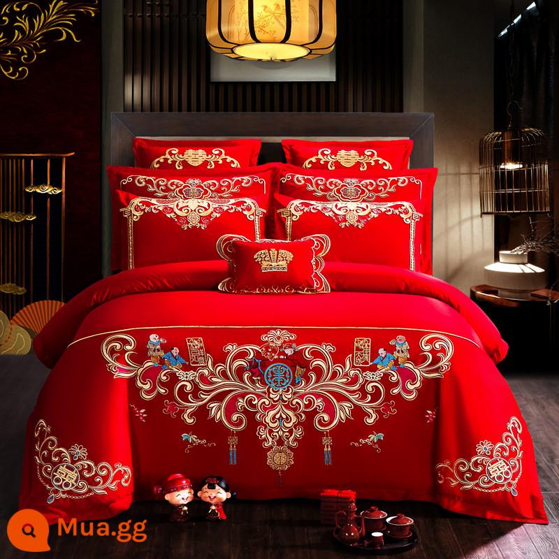 Nanjiren Cotton Wedding Four-piece Group Mới Kết Hôn Cotton Nguyên Chất 100 Ga Trải Giường Vỏ Chăn Lớn Màu Đỏ Phòng Cưới Chăn Ga Gối 4 - Một trận đấu được thực hiện ở trên trời