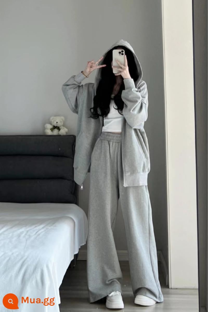 Phong Cách Áo Có Mũ Thể Thao Phù Hợp Với Nữ Vintage Mùa Thu Rời Cardigan Quần Ống Rộng Cổ 2 - Bộ hai mảnh màu xám