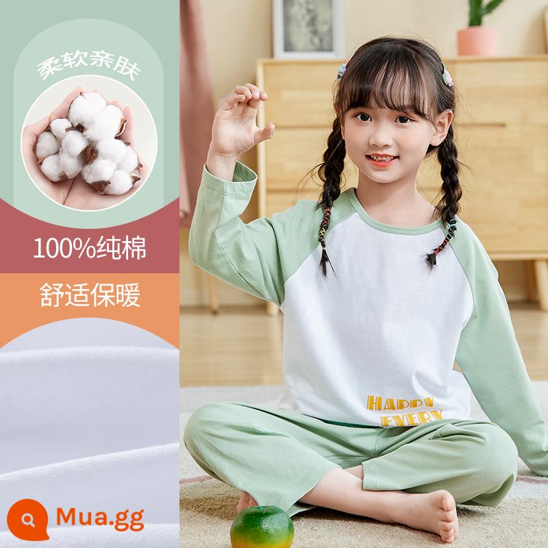 Bộ đồ ngủ trẻ em bé gái mùa thu đông 2023 mới trung và lớn cotton nguyên chất dài tay cho bé gái mặc ở nhà quần áo mùa thu quần vệ sinh - DNY297 Đậu Xanh#2K