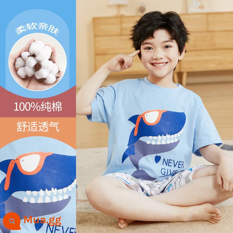 Bộ đồ ngủ trẻ em cotton nguyên chất phong cách mùa hè 2023 cậu bé mới lớn cậu bé mỏng phần mùa hè quần áo điều hòa không khí phù hợp với dịch vụ gia đình - DNY582 xanh #2K