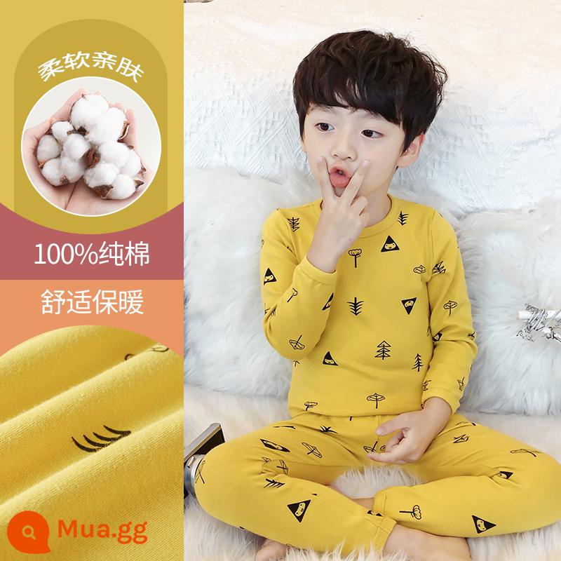 Quần áo mùa thu bé trai, quần vệ sinh, bộ đồ lót giữ nhiệt trẻ em, đồ ngủ cotton nguyên chất, quần áo giữ nhiệt, áo len cotton trẻ em và thanh thiếu niên lớn hơn - D690 Cây Nhỏ Vàng #5N (Cổ Tròn - Loại A)