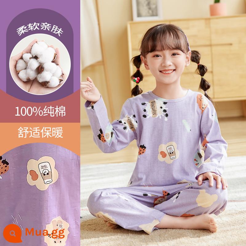 Bộ đồ ngủ bé gái mùa thu đông cotton nguyên chất quần áo dài mặc ở nhà cho trẻ em trung niên trở lên phù hợp với bé gái mùa thu quần áo mùa thu quần vệ sinh - DNY293 tím #2K