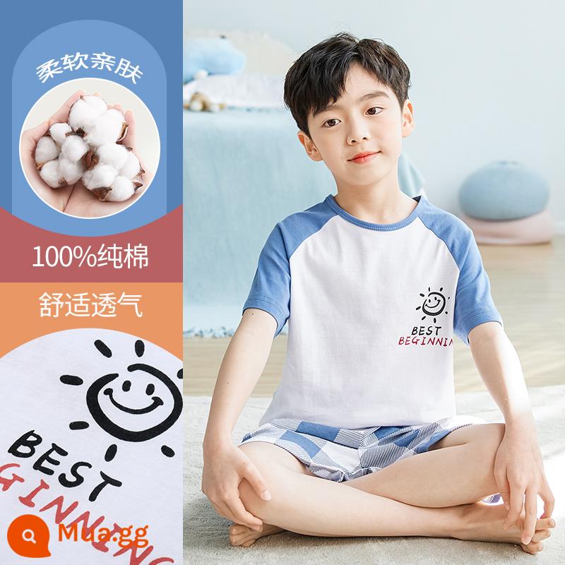 Bộ đồ ngủ trẻ em cotton nguyên chất phong cách mùa hè 2023 cậu bé mới lớn cậu bé mỏng phần mùa hè quần áo điều hòa không khí phù hợp với dịch vụ gia đình - DNY289 xanh #2K