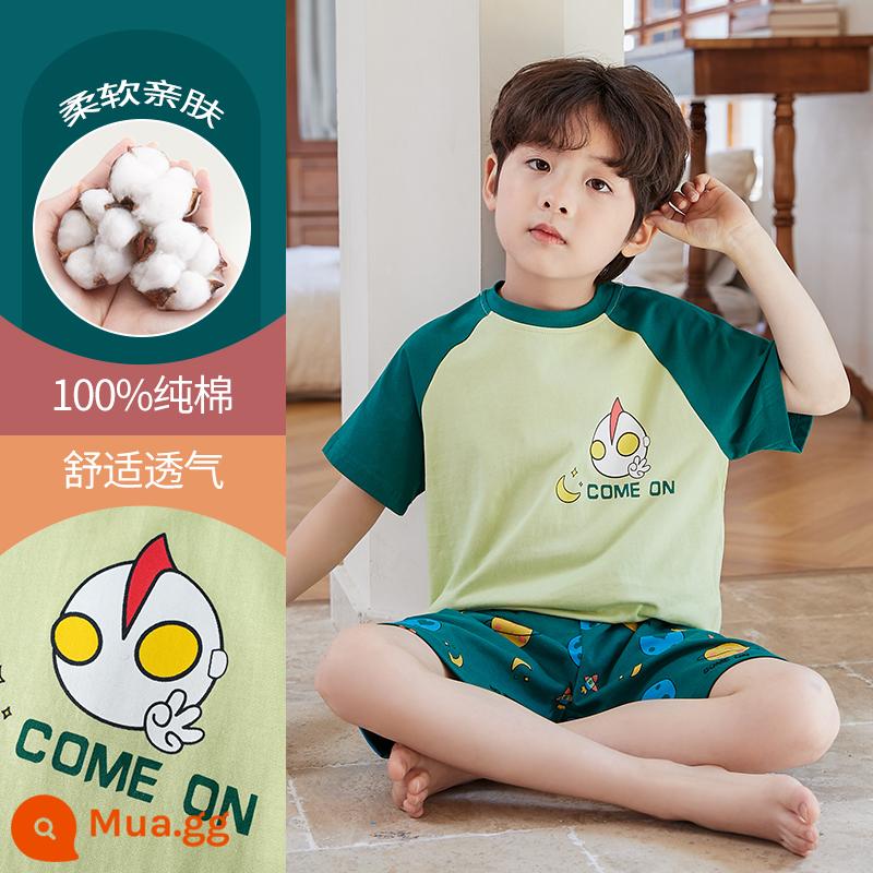 Bộ đồ ngủ trẻ em cotton nguyên chất phong cách mùa hè 2023 cậu bé mới lớn cậu bé mỏng phần mùa hè quần áo điều hòa không khí phù hợp với dịch vụ gia đình - DNY591 xanh #2K