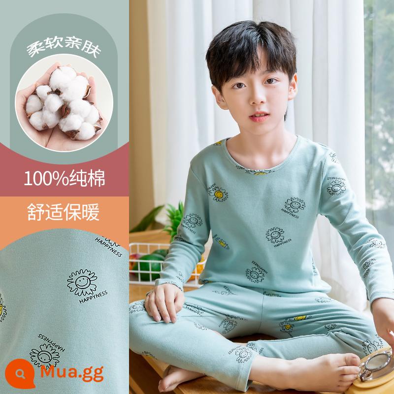 Quần áo mùa thu bé trai, quần vệ sinh, bộ đồ lót giữ nhiệt trẻ em, đồ ngủ cotton nguyên chất, quần áo giữ nhiệt, áo len cotton trẻ em và thanh thiếu niên lớn hơn - DNY352 Bean Green Sun #5N (Cổ Tròn - Loại A)