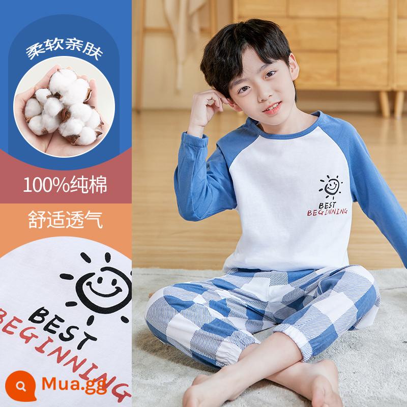 Mùa xuân và mùa thu 2023 quần áo trẻ em ở nhà mới cho bé cotton mùa hè bộ đồ ngủ dài tay bé trai trung và lớn phù hợp với trẻ em - DNY217 màu xanh #2K