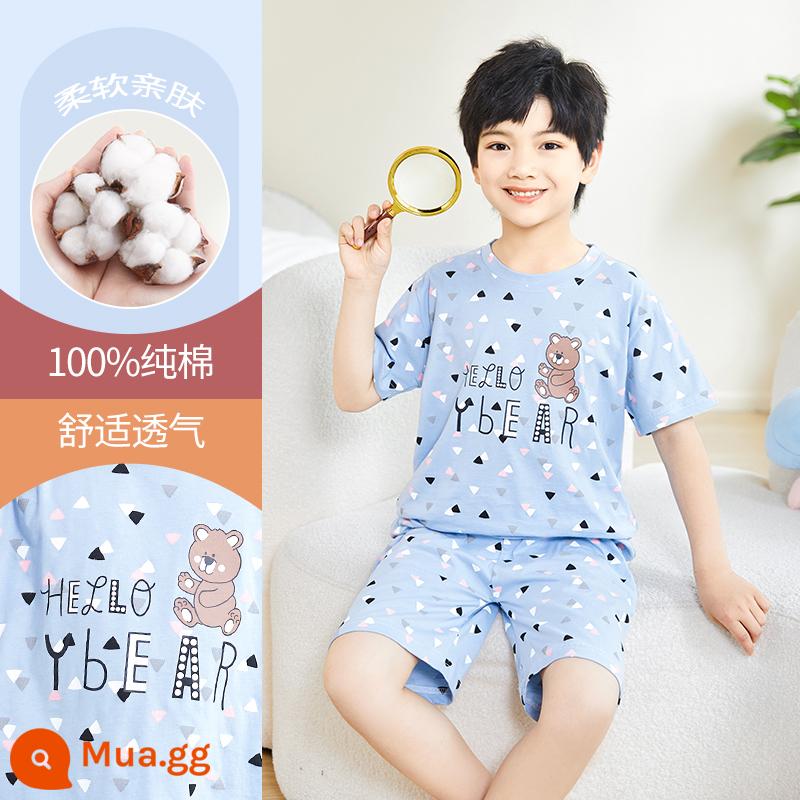 Bộ đồ ngủ trẻ em cotton nguyên chất phong cách mùa hè 2023 cậu bé mới lớn cậu bé mỏng phần mùa hè quần áo điều hòa không khí phù hợp với dịch vụ gia đình - DNY029HAPPY Gấu Xanh #2K