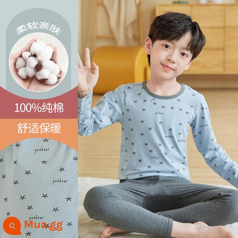 Quần áo mùa thu bé trai, quần vệ sinh, bộ đồ lót giữ nhiệt trẻ em, đồ ngủ cotton nguyên chất, quần áo giữ nhiệt, áo len cotton trẻ em và thanh thiếu niên lớn hơn - DNY505 Xanh Xám #5N (Cổ Tròn - Loại A)