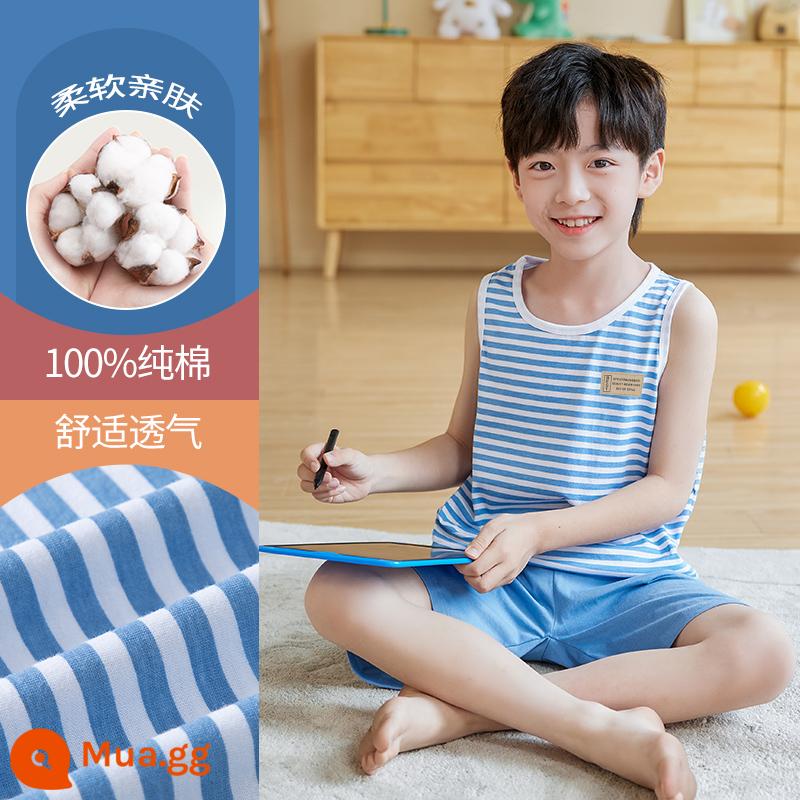 Bộ đồ ngủ trẻ em cotton nguyên chất phong cách mùa hè 2023 cậu bé mới lớn cậu bé mỏng phần mùa hè quần áo điều hòa không khí phù hợp với dịch vụ gia đình - DNY206 sọc xanh nhạt #2K (vỏ vest)