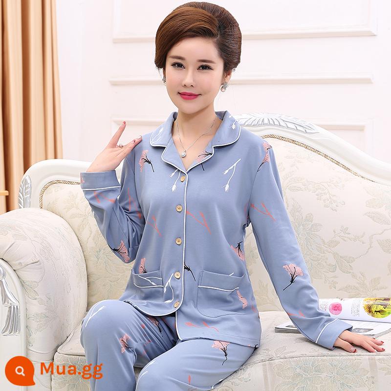 Bộ đồ ngủ cho bà mẹ trung niên và người cao tuổi mùa xuân và mùa thu cotton nguyên chất dài tay kích thước lớn phần mỏng phục vụ tại nhà bộ đồ nữ mùa thu đông - màu xanh đậm 9919