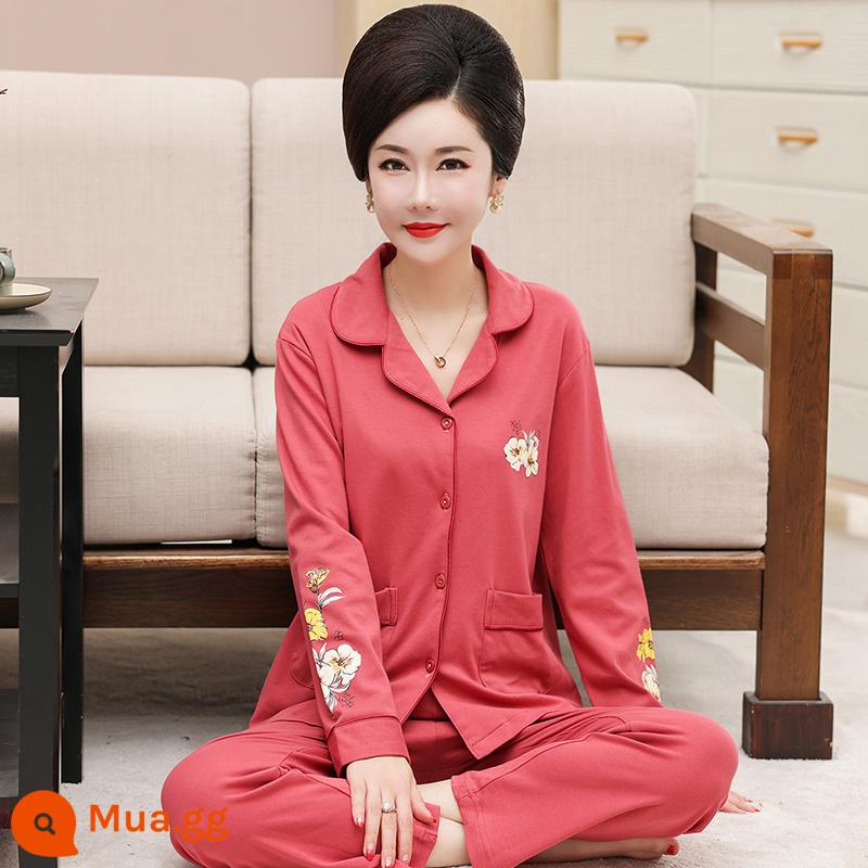 Bộ đồ ngủ cho bà mẹ trung niên và người cao tuổi mùa xuân và mùa thu cotton nguyên chất dài tay kích thước lớn phần mỏng phục vụ tại nhà bộ đồ nữ mùa thu đông - Màu kaki đậm LSY2607