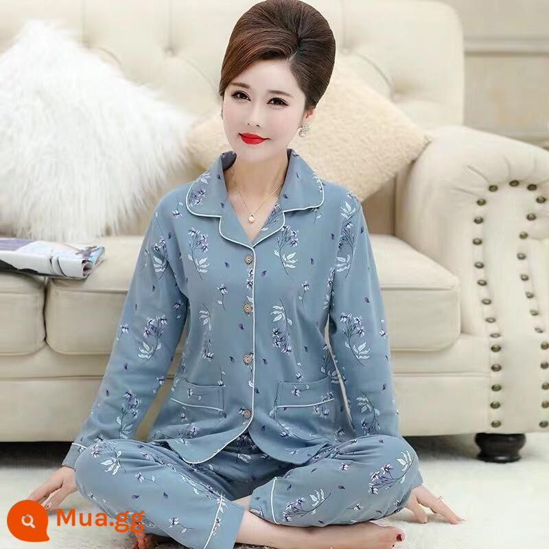 Bộ đồ ngủ cho bà mẹ trung niên và người cao tuổi mùa xuân và mùa thu cotton nguyên chất dài tay kích thước lớn phần mỏng phục vụ tại nhà bộ đồ nữ mùa thu đông - Màu xanh hải quân 1931