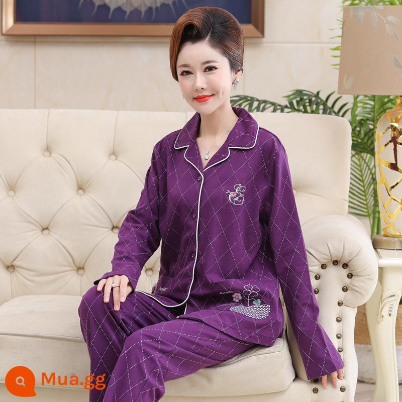 Bộ đồ ngủ cho bà mẹ trung niên và người cao tuổi mùa xuân và mùa thu cotton nguyên chất dài tay kích thước lớn phần mỏng phục vụ tại nhà bộ đồ nữ mùa thu đông - 958