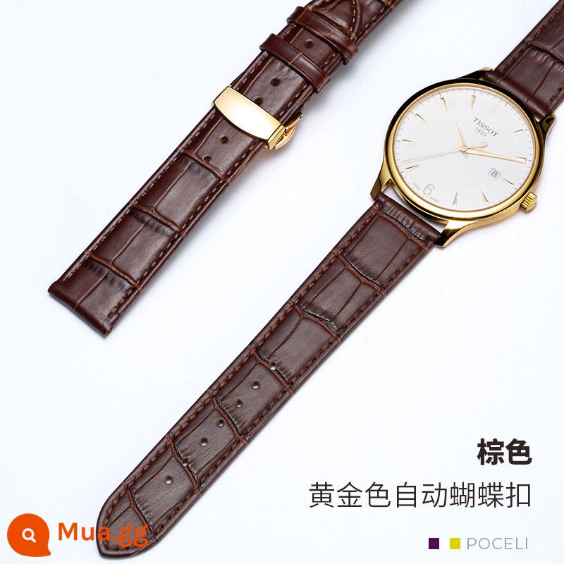 Dây da thật nam nữ mềm siêu mỏng thay thế nam Tissot CK Rossini DW Longines dây da bò lớp trên cùng - Khóa bướm vàng nâu