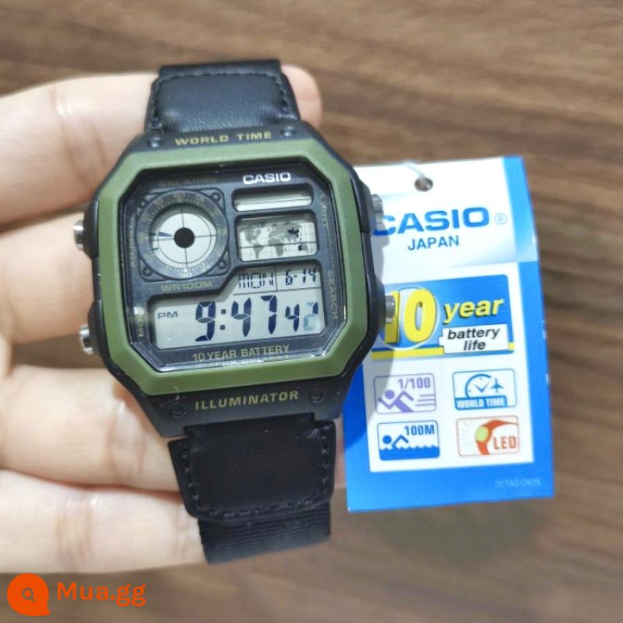 [Mười năm quyền lực] Đồng hồ thể thao Casio Classic Retro chống nước cho nam AE1200WHD-1A/1300WH - Dây đeo vải canvas màu đen AE-1200WHB-1B