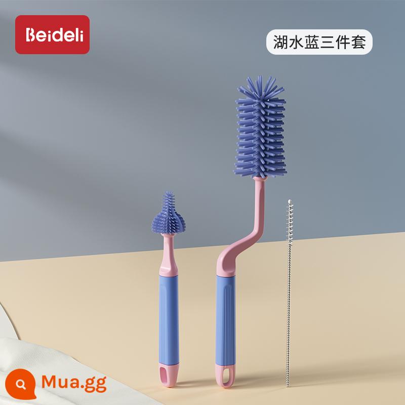 Bedeli cọ rửa bình sữa cho bé làm mới bé sơ sinh kệ đặc biệt núm vú giả bàn chải silicone bộ vệ sinh súc rửa - Lake Blue [Bàn chải chai + Bàn chải núm vú giả + Bàn chải rơm]