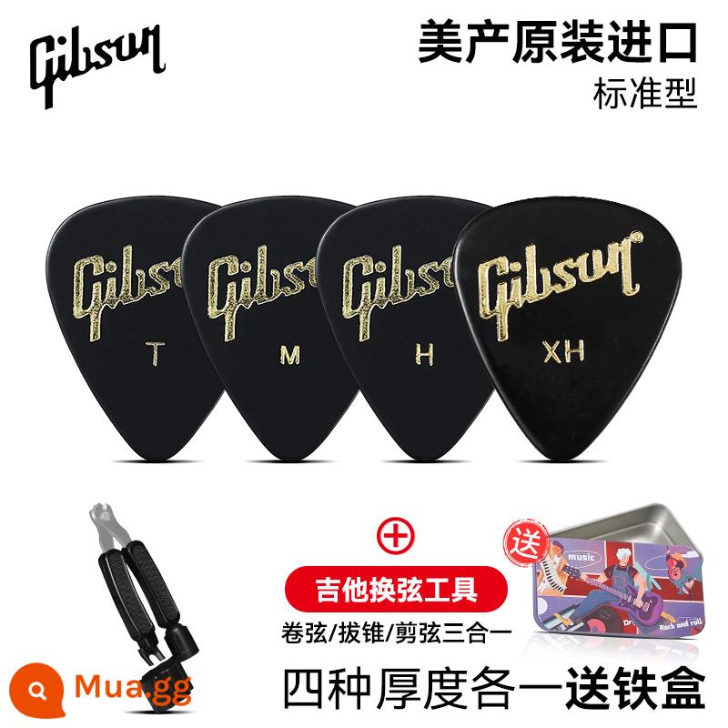 Gibson đàn guitar điện tốc độ chọn ngón tay chọn đàn guitar acoustic dân gian hộp đàn gảy chọn - [Gói bốn - đen] Mỗi loại có bốn độ dày + dụng cụ thay dây + hộp sắt đi kèm