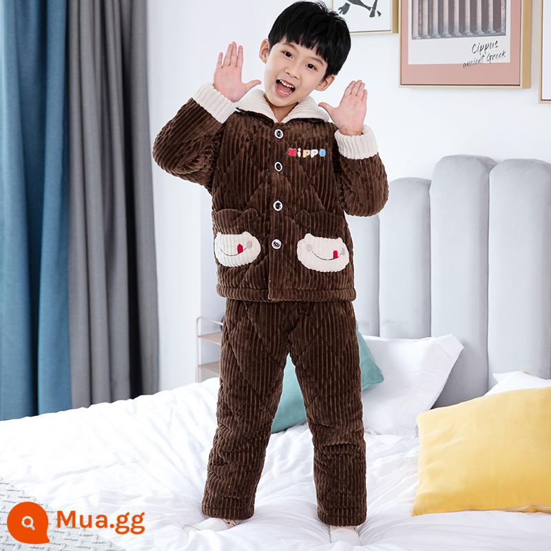 Bộ đồ ngủ vải nỉ san hô trẻ em mùa đông dày dặn ở nhà Bộ đồ ngủ cotton 3 lớp vải flannel cho trẻ em - chữ cà phê