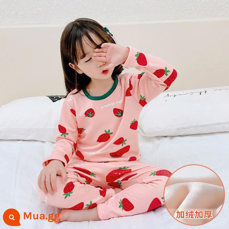 Bộ đồ lót giữ nhiệt trẻ em bằng nhung bắc cực cộng với nhung dày bé trai và bé gái cotton nguyên chất cho bé một bộ đồ ngủ cotton nhung mùa đông - [Phong cách lông cừu] Kem dâu