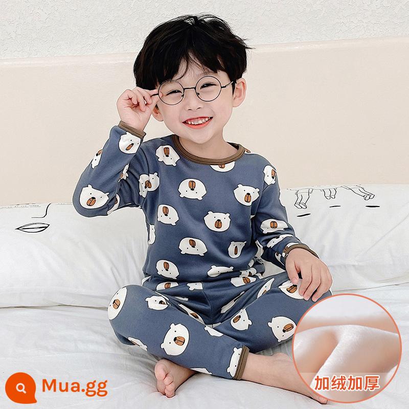 Bộ đồ lót giữ nhiệt trẻ em bằng nhung bắc cực cộng với nhung dày bé trai và bé gái cotton nguyên chất cho bé một bộ đồ ngủ cotton nhung mùa đông - [Phong cách lông cừu] Gấu dễ thương màu xám và xanh