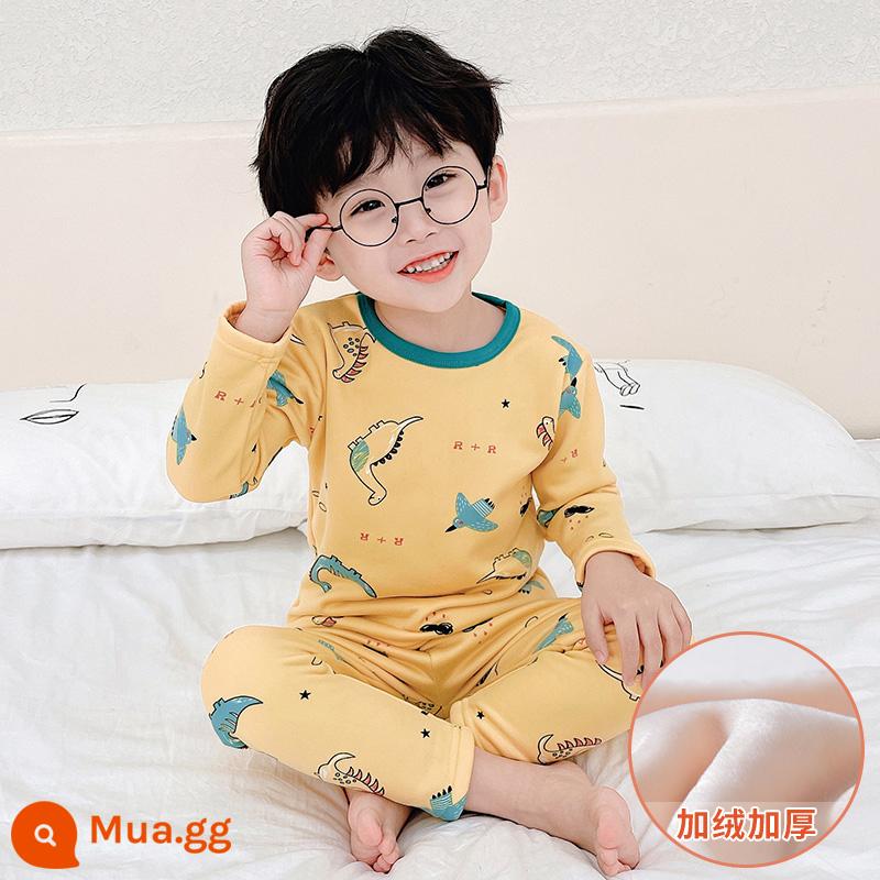 Bộ đồ lót giữ nhiệt trẻ em bằng nhung bắc cực cộng với nhung dày bé trai và bé gái cotton nguyên chất cho bé một bộ đồ ngủ cotton nhung mùa đông - [Phong cách lông cừu] Stegosaurus màu vàng