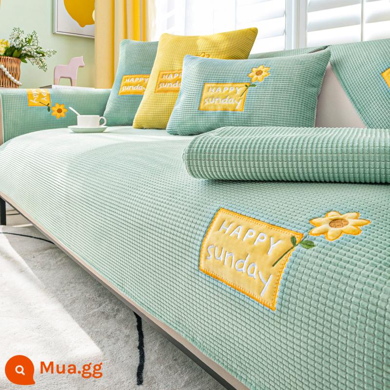 Đệm sofa hoạt hình bốn mùa vải phổ quát chống trượt bọc ghế sofa bằng da tối giản hiện đại bao gồm khăn bao gồm tất cả đệm ghế bọc vải - Hướng dương - xanh nhạt