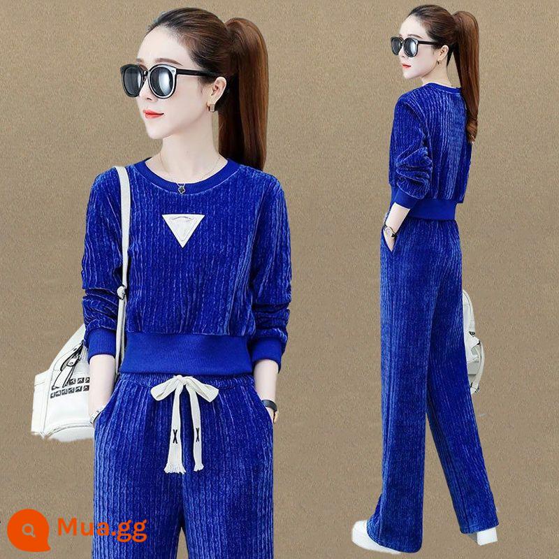 2022 Bộ đồ thể thao giải trí Set Women Spring và Autumn Wheo rộng và thời trang Kích thước lớn Kích thước dài -Sleeved Quần dài hai - mô hình cao cấp màu xanh