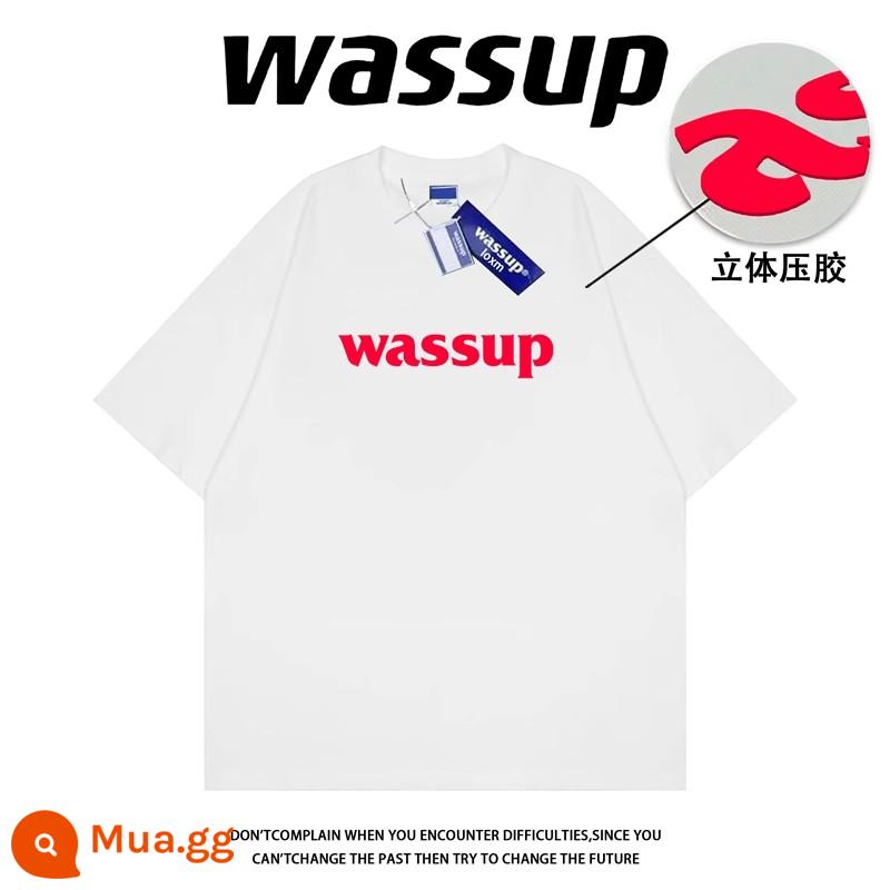 WASSUP xu hướng quốc gia 3D chữ cái nhãn dính ba chiều áo thun ngắn tay nam và nữ hợp thời trang thương hiệu lỏng lẻo BF cặp đôi giản dị áo thun nửa tay - In màu trắng đỏ [280g cotton nặng]