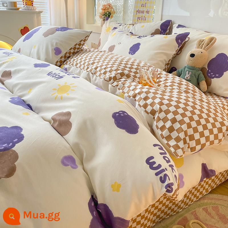 Ins gió giường 4 món 100 cotton ga trải giường cotton nguyên chất Tulip 3 bộ nhỏ họa tiết hoa chăn ga gối đệm ga trải giường - Gấu bầu trời đầy sao [in 100% cotton]