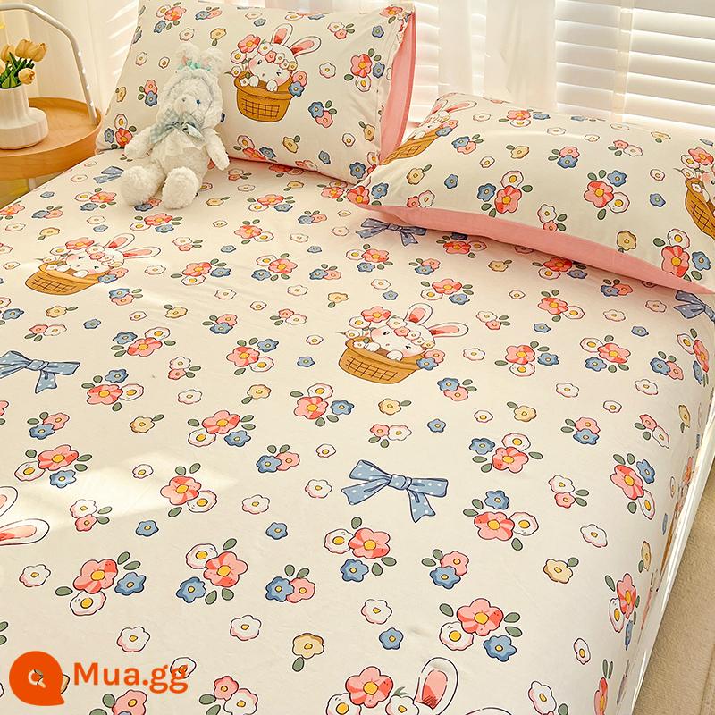 Tấm cotton nguyên chất một mảnh 100 cotton dày trẻ em chăn đơn ký túc xá sinh viên vỏ gối ga trải giường 3 món 1.5 mét - thỏ giỏ hoa