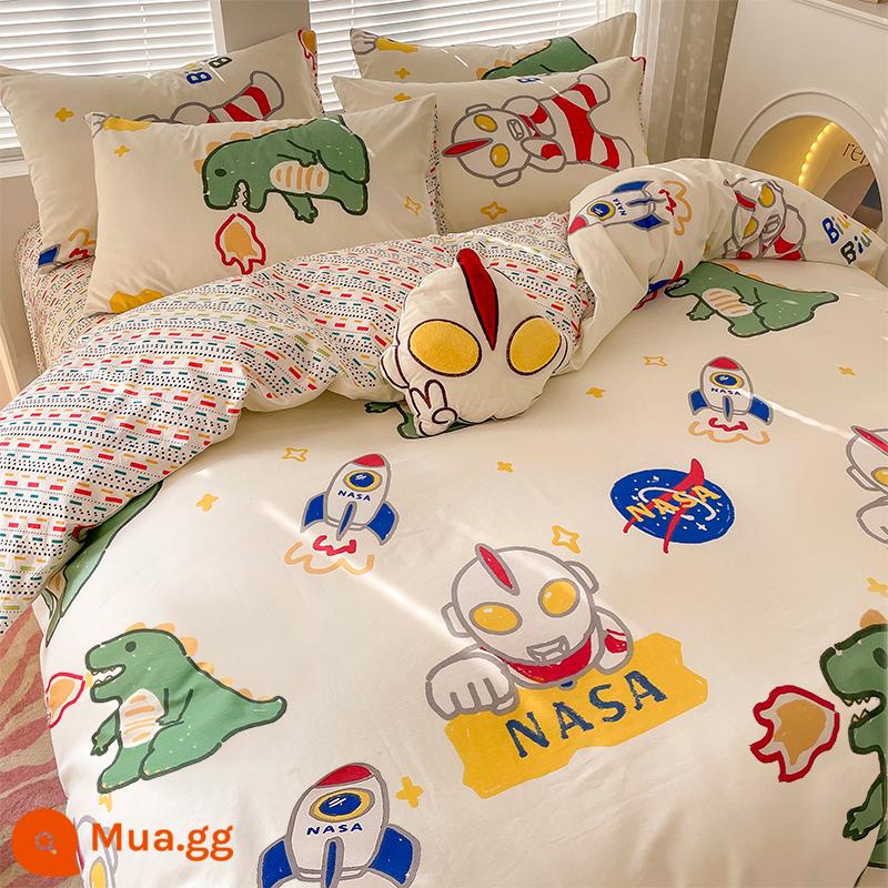 Ins gió giường 4 món 100 cotton ga trải giường cotton nguyên chất Tulip 3 bộ nhỏ họa tiết hoa chăn ga gối đệm ga trải giường - Khủng long vui nhộn [in 100% cotton]