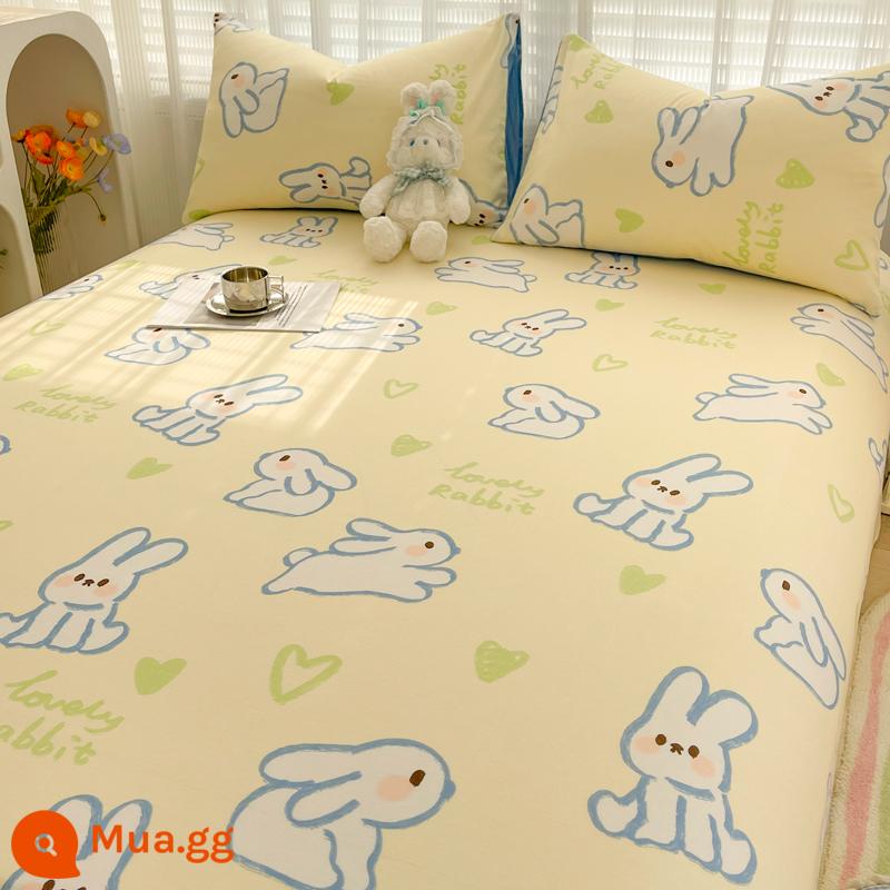 Tấm cotton nguyên chất một mảnh 100 cotton dày trẻ em chăn đơn ký túc xá sinh viên vỏ gối ga trải giường 3 món 1.5 mét - thỏ trắng