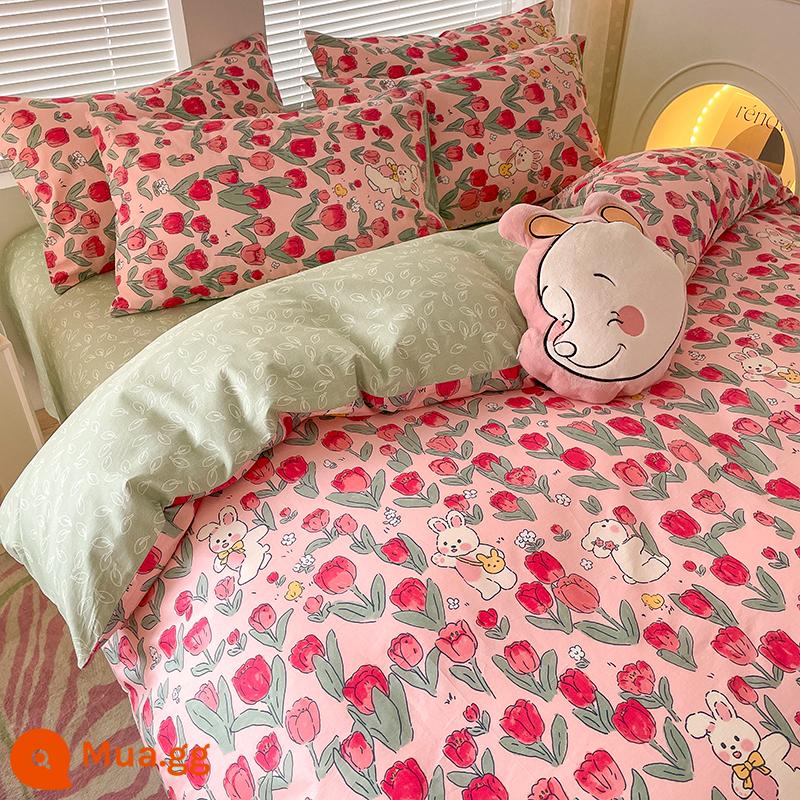 Ins gió giường 4 món 100 cotton ga trải giường cotton nguyên chất Tulip 3 bộ nhỏ họa tiết hoa chăn ga gối đệm ga trải giường - Thơm [in 100% cotton]