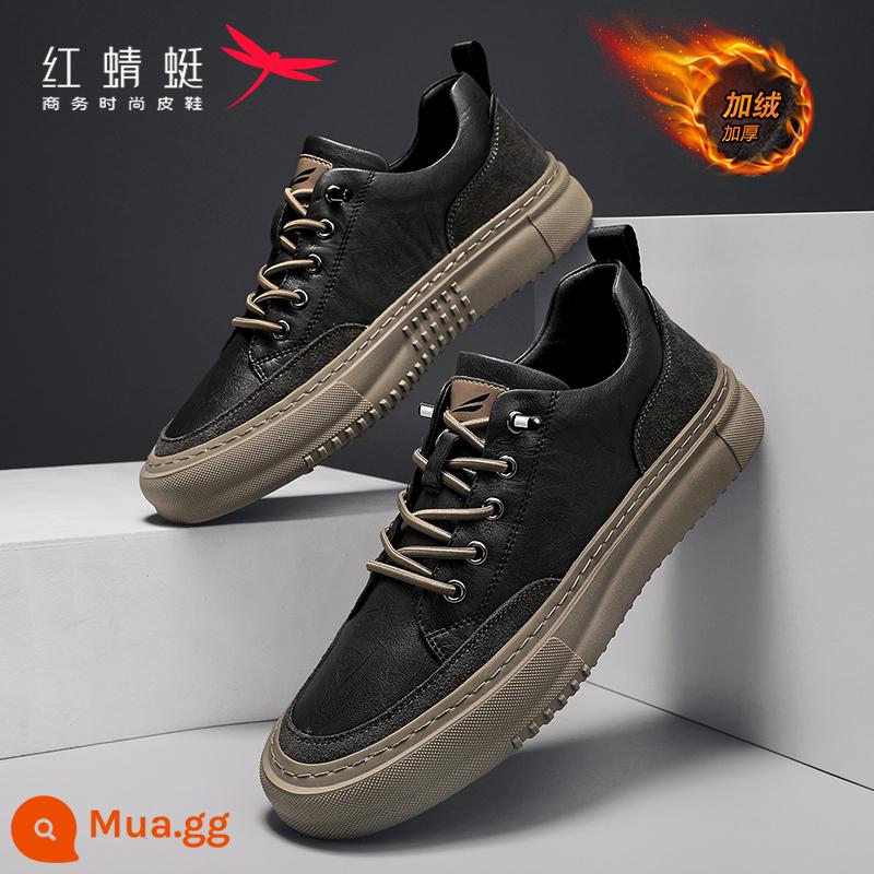 Giày Da Chuồn Chuồn Đỏ Nam Thu Đông 2022 Giày Thời Trang Mới Giày Công Sở Anh Giày Nam Giày Sneaker Da Thật - Đen [thời trang cộng với phong cách nhung]