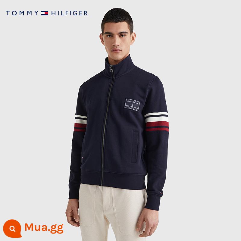 Tommy Thu Đông Nam Cotton Nguyên Chất Màu Sắc Tương Phản Thể Thao Thêu Cổ Đứng Dây Kéo Áo Khoác Áo Len MW0MW25767 - Màu xanh hải quân DW5