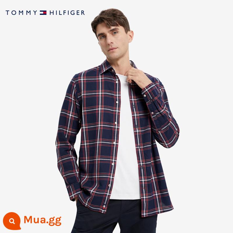 Tommy mùa thu đông nam đơn giản phối màu kẻ sọc thoáng khí ve áo sơ mi dài tay XM0XM02048 - Kẻ sọc đỏ, trắng và xanh 0MS