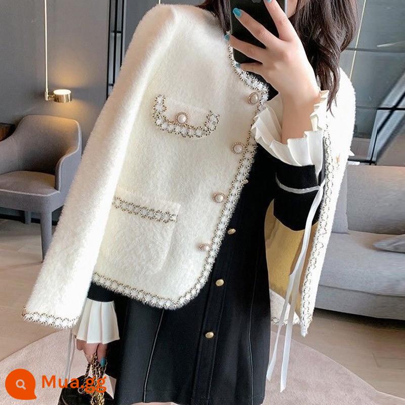 Áo cardigan nhung chồn cho nữ mùa thu đông 2024 áo kiểu nước ngoài mới cho nữ áo len nhỏ thơm kiểu dáng áo khoác dệt kim đa năng hợp thời trang - Trắng nhạt [Thu và nhận bảo hiểm cước vận chuyển]