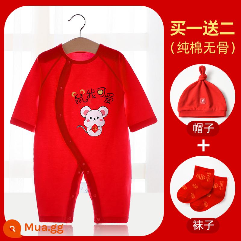 Áo liền quần cotton nguyên chất cho bé Quần áo năm mới quần áo trăng tròn sơ sinh áo liền quần lễ hội năm mới áo liền quần mùa xuân, thu đông - (Mẫu mỏng cho mùa hè) Em dễ thương (gồm mũ + tất)