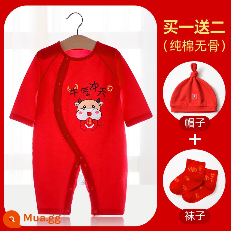 Áo liền quần cotton nguyên chất cho bé Quần áo năm mới quần áo trăng tròn sơ sinh áo liền quần lễ hội năm mới áo liền quần mùa xuân, thu đông - (Phong cách mùa hè mỏng) Mát quá (gồm mũ + tất)