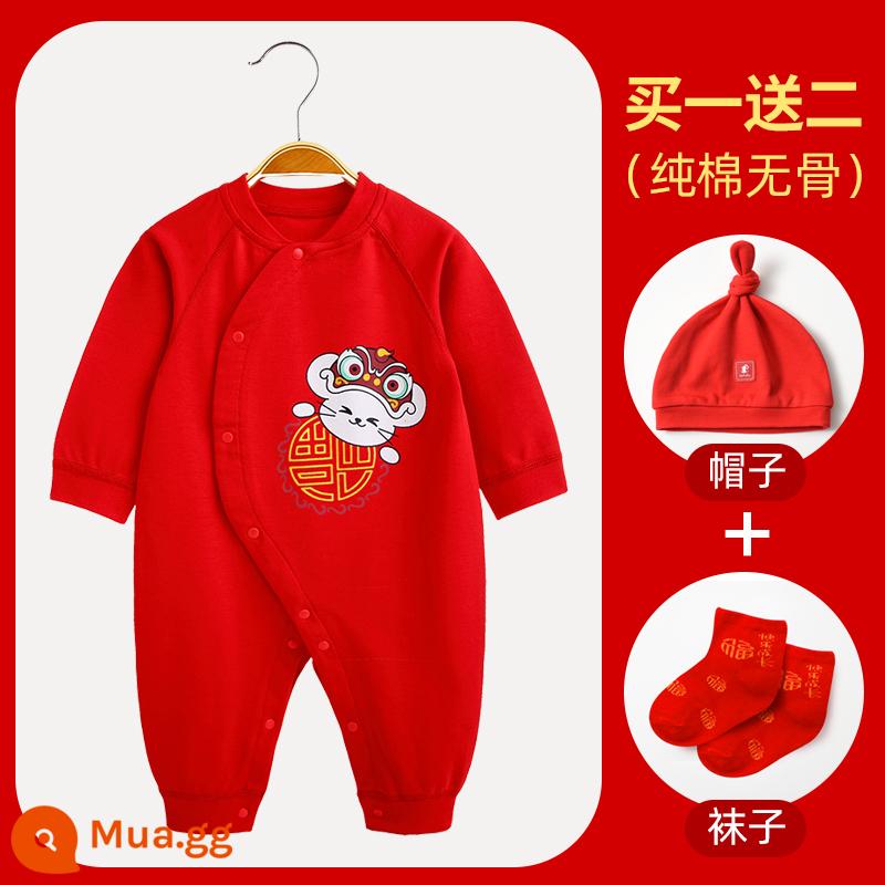 Áo liền quần cotton nguyên chất cho bé Quần áo năm mới quần áo trăng tròn sơ sinh áo liền quần lễ hội năm mới áo liền quần mùa xuân, thu đông - 〖Phong cách thông thường〗Chuột may mắn (bao gồm mũ + tất)