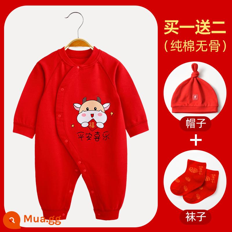 Áo liền quần cotton nguyên chất cho bé Quần áo năm mới quần áo trăng tròn sơ sinh áo liền quần lễ hội năm mới áo liền quần mùa xuân, thu đông - 〖Phong cách thông thường〗Niuniu hòa bình và niềm vui (bao gồm mũ + tất)