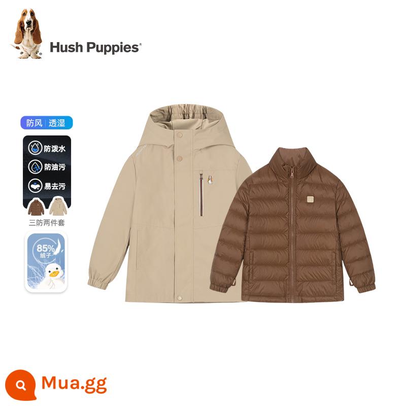 Hush Puppies quần áo trẻ em Áo khoác ba lớp chống thấm trẻ em mùa đông 23 phong cách mới cho bé trai và trẻ sơ sinh phiên bản dài bé gái áo khoác dày có mũ trùm đầu - Bột yến mạch Khaki-CR541