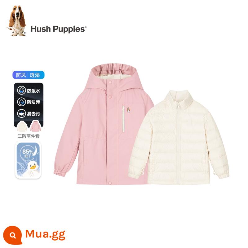 Hush Puppies quần áo trẻ em Áo khoác ba lớp chống thấm trẻ em mùa đông 23 phong cách mới cho bé trai và trẻ sơ sinh phiên bản dài bé gái áo khoác dày có mũ trùm đầu - Hồng nhạt-CR541