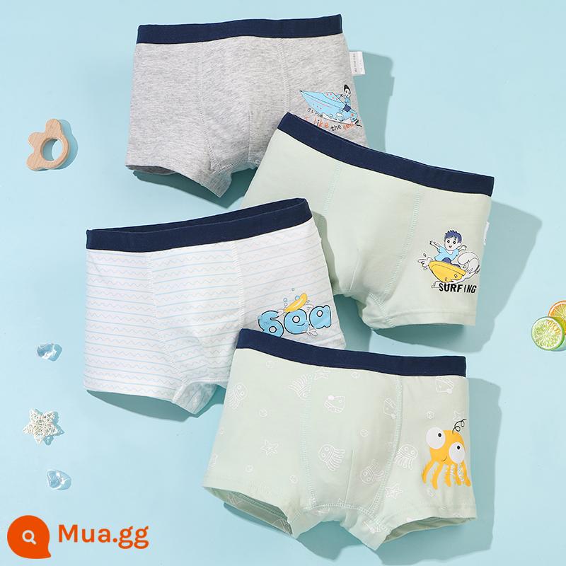 Quần lót trẻ em bé trai cotton 4 góc bé trai cotton trung và lớn boxer bé trai 100% quần đùi bé không kẹp mông - Cậu bé và biển cả (4 gói)