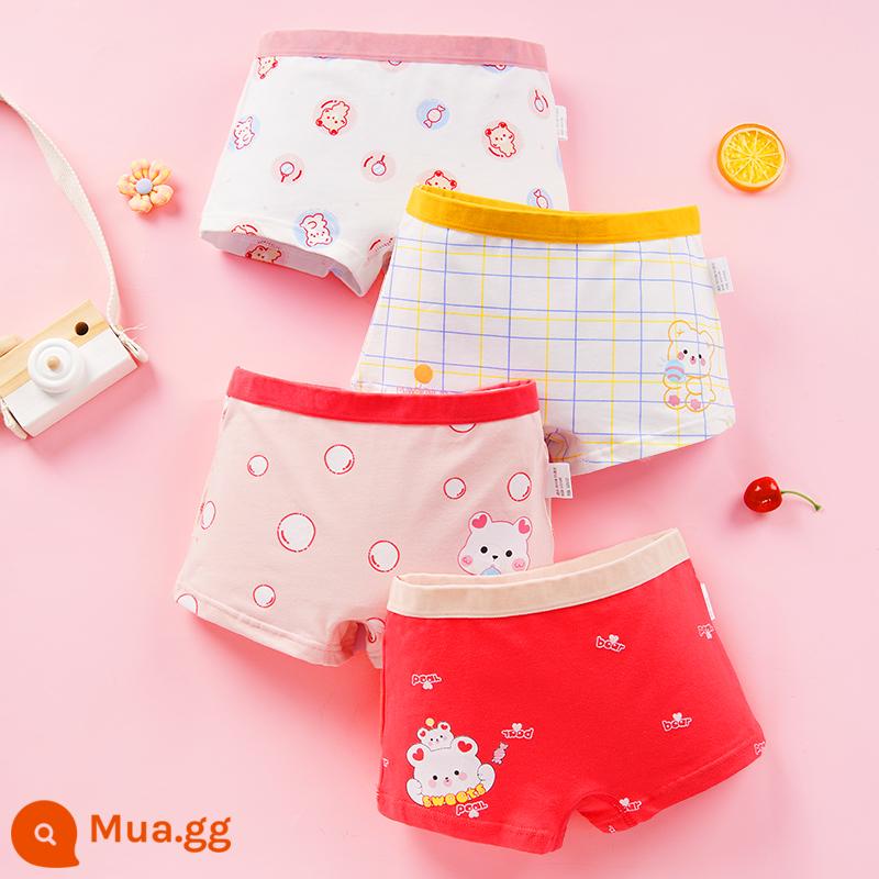 Quần lót bé gái boxer cotton nguyên chất không kẹp pp cotton tam giác bé trai bé gái quần short 100% 4 góc - Kẹo Bubble Bear (4 gói)