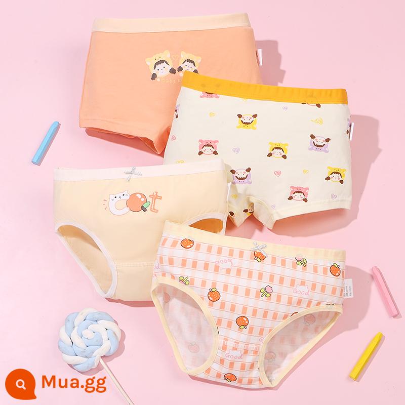 Quần lót bé gái boxer cotton nguyên chất không kẹp pp cotton tam giác bé trai bé gái quần short 100% 4 góc - Cat Girl (4 Gói) Tam Giác + Vuông