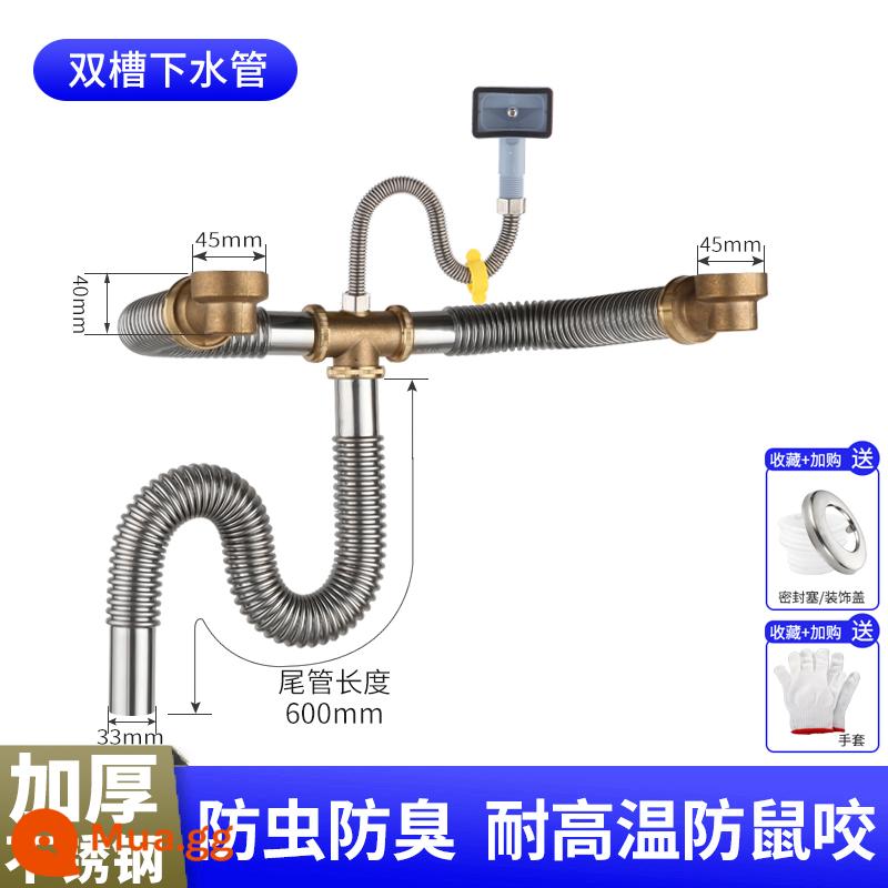 Phụ kiện đường ống thoát nước chậu rửa bát gắn phía sau bộ ống thoát nước bồn rửa chén đôi đặt phía sau để tiết kiệm không gian - [Loại phía sau dày hơn được nâng cấp] Chậu rửa đôi có tràn không có bát xả Ống đuôi 60cm